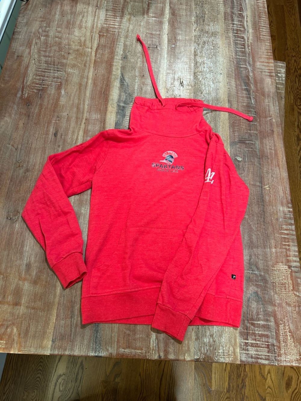 Pennant Cherry Red Drawstring Funnel Neck Sweatshirt: Spartans Girls LAX 44